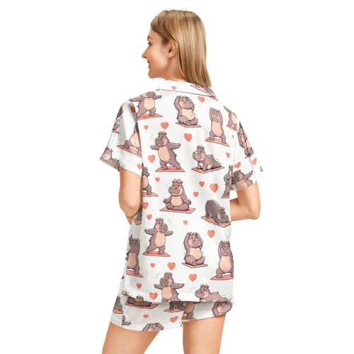 Image of Funny Pajamas for Women Set Print Satin Loungewear Pjs Short Sleeve Button Down Top and Shorts Sets Sleepwear XS-3XL
