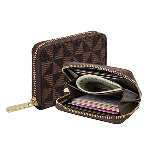 Veki Tarjetero de crédito para mujer, cartera de piel con cremallera RFID, funda pequeña con cremallera para hombres y mujeres, Marrón, Sencillo