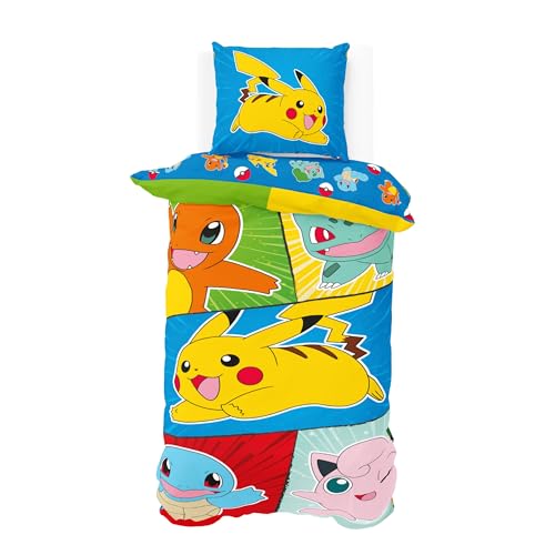 Pokemon Bettwäsche 135x200 + 80x80 cm weiche Microfaser Reißverschluss Öko Tex Motiv für Kinder & Gamer-Fans atmungsaktiv & pflegeleicht - Pikachu & Friends