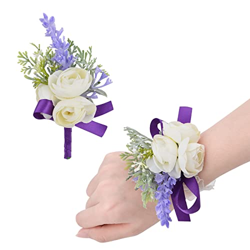 URROMA 2 Stück Handgelenk-Ansteckblume für Hochzeit, Handgelenk, Ansteckblume und Knopflochblume für Hochzeit, Brautjungfer, Party, Abschlussball, Dekorationen, violettes Band Cover