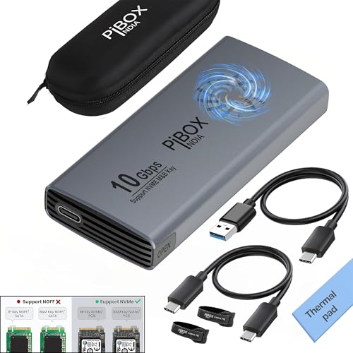 Image of PiBOX India NVME M2 Enclosure Fan, SSD Enclosure - USB 3.2 10Gbps, Tool-Free M.2 NVMe Case, PCI-E NVMe Reader, USB-C, Supports M & B&M Keys, 2230 /2242 /2260 /2280 SSDs Powerful, RTL9210CN