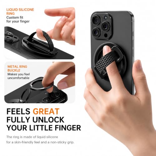 Image of Mizi Magnetic Phone Grip for Mag Safe, Soft Silicone Finger Loop, 180 Adjustable Kickstand, Strong Magnetic Phone Ring Holder, Zinc Alloy Stand for i Phone 18 /17 /16 /15 /14 /13 /12 & Android - Black