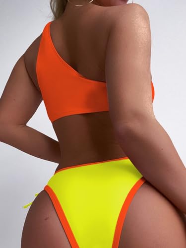 Sherrydc Women'S Cheeky Cutout One Shoulder Bikini Color Block V Cut High Leg Two Pieces Swimsuit thumb #1