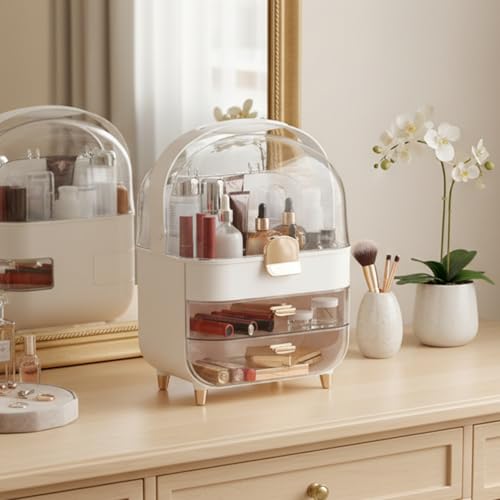 Image of Amazon Basics Glossy ABS+PET+PS Cosmetic Storage Organizer | 27 x 17 x 36.5 cm | 3 Compartments | Waterproof & Dustproof Lid | White (V1COSST5)