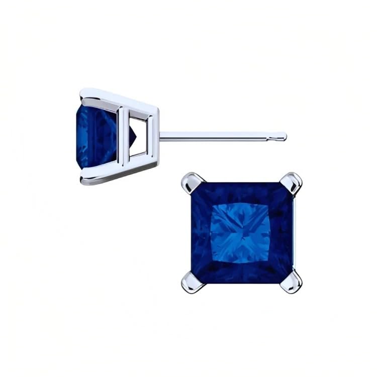 18k White Gold 2 Pair Created Blue Sapphire 6mm Round & Princess Cut Stud Earrings Plated3