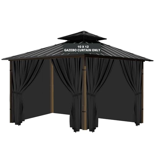 Tngan Gazebo Universal Replacement Privacy Curtain, 10'X12' Gazebo Curtains Outdoor Waterproof, 4-Panels Sidewall with Zipper for Patio, Garden and Backyard (Only Curtains, 10'X12', Black)