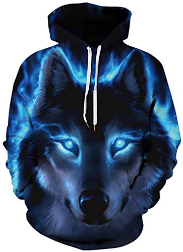 Ocean Plus Hombre Sudaderas con Capucha 3D Divertida Hoodie con Mangas Largas Unisex Streetwear Sudadera Deportiva con Cordón (L/XL (Cofre: 114-134CM), Lobo Negro con Ojos Azules) Cover