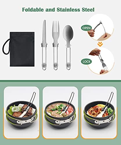 DETENG Camping Cookware Kit, Outdoor Cooking Set with Fork Spoon Compass Kit, Lightweight Camping Pot and Pan for 1 to 3 People Camping,Hiking,Picnic