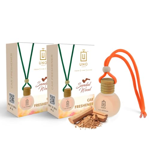 Image of UNOAROMA Sandal Wood Car Air Freshener, Long Lasting Hanging car perfume, Toxin-Free Oil in Glass Bottle with Wooden Diffuser, Car Accessories for fresh aroma, Last Upto-60 Days (15mlx2)