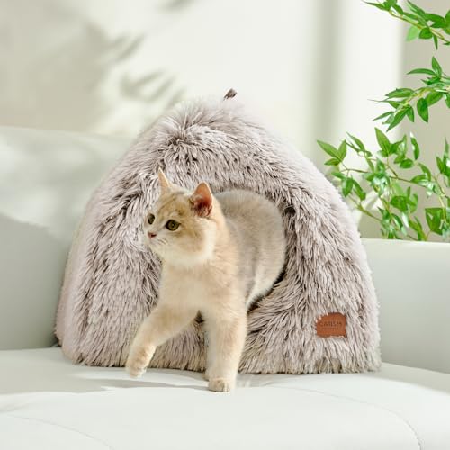 CATISM Katzenhöhle Katzenbett Katzenhaus Kuschelhöhle 45x45cm, 2 in 1 Faltbar Waschbar Bequemer Katzenschlafplatz für Katzen Kätzchen Welpen mit Abnehmbarem Katzenkopfkissen (Kaffee Braun)