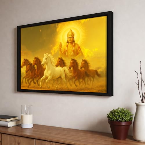 Image of Divine 7 Running Horses Vastu Framed Wall Art Painting for Living Room | Golden Spiritual Seven Horse Painting With Frame Symbol of Positivity & Progress Wall Art for Home & Office, 14x18 Inch