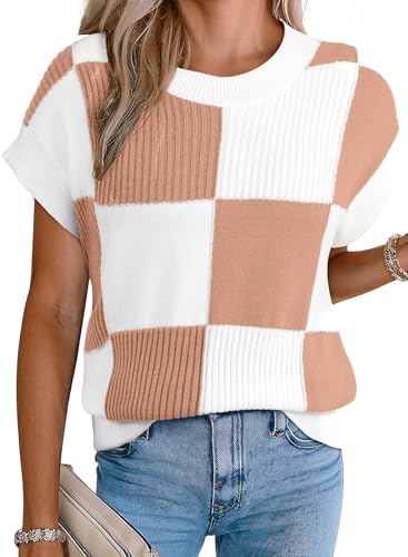 Image of EVALESS Short Sleeve Sweater for Women Crewneck Color Block Knit Tops 2026 Summer Trendy Cap Sleeve Sweater Vest