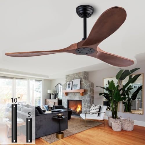 Image of QUTWOB 52 inch Wood Ceiling Fan No Light, Reversible DC Motor, Remote Control | solid wood blades, quiet 6-speed reversible dc inverter motor, remote control, no light, for indoor outdoor patio living room