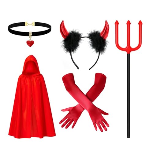 LIURFLNC 5-teiliges Kostüm Teufel Kostüm Damen, Komplettes Set Mit Stirnband,Halskragen,Rotem Umhang, Handschuhen Und Dreizack, Kostüm Teufel Damen...