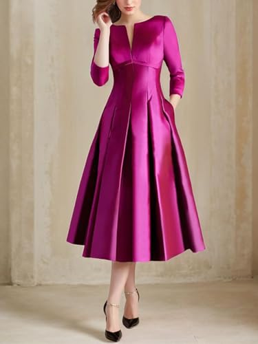 Satin Wedding Guest Dresses for Women Tea Length Mother of The Bride Dress A Line 3/4 Sleeves Evening Gown2