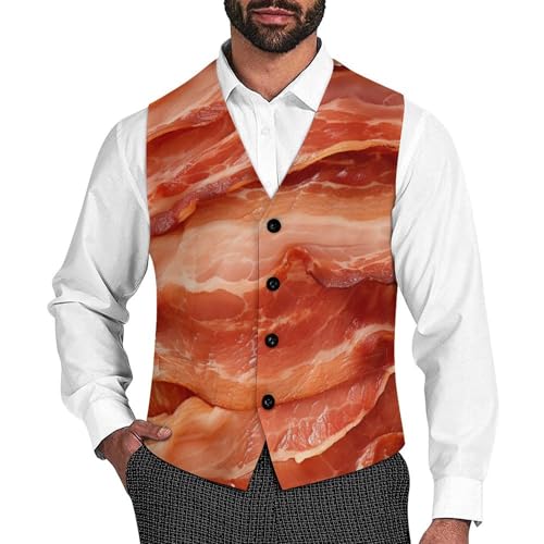 Bacon Food Mens Suit Vest Slim Fit Button Up V Neck Business Waistcoat Sleeveless Dressy Top