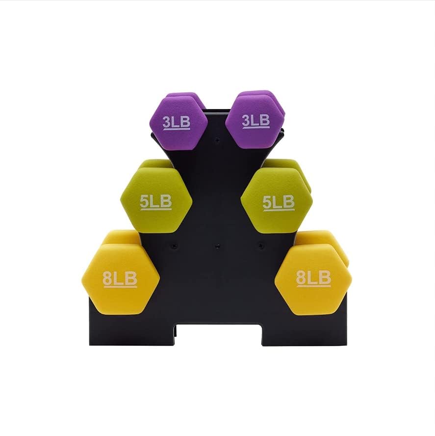 Image of KAKSS Neoprene Dumbbells Set with Stand 3Lb+5Lb+8Lb Pair, Multicolor Hex Dumbbells with Easy-Grip Coated Finish, Cast Iron Hand Weights for Home Gym Equipment and Fitness Training for Women and Men