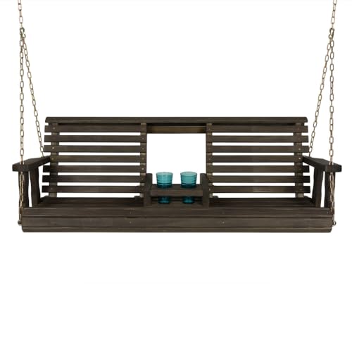 Image of Porchgate Amish Heavy Duty Console Porch Swing with Fold Down Cup Holders in Dark Walnut Stain - Amish Made in The USA from Treated Pine, Hanging Chains Included