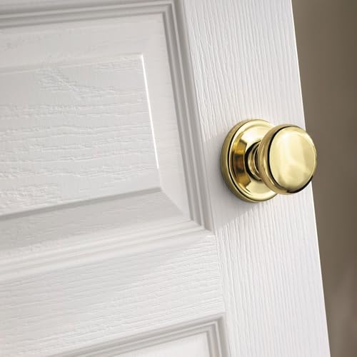 Image of Kwikset Hancock Interior Passage Doorknob, Handle for Closet and Hallway Doors, Non-Locking Doorknob, Polished Brass