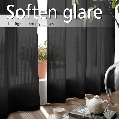 Image of Black Sheer Curtains for Windows 72 inch Length, Grommet Top Semi Sheer Vertical Drapes Privacy with Light Filter for Bedroom /Living Room /Sliding Door,52W x 72L (2 Panels)