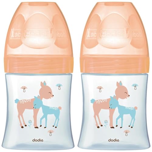 Dodie - Biberon Anti-Colique Sensation+ Verre, BEIGE BICHE, 150ml, 0-6 mois, Tétine plate, Débit 1 (Lot de 2)