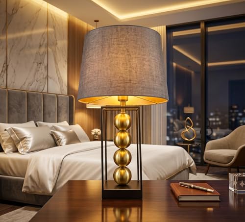 Image of Luxury Modern Table Lamp with Gold Spherical Accents - Contemporary Metal Frame Bedside Light for Living Room, Bedroom & Office - Textured Fabric Drum Shade (Antique Gold & Charcoal)