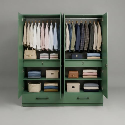 Image of 4 Door Wooden Wardrobe for Bedroom, Green, 78 x 72 x 19 Inch