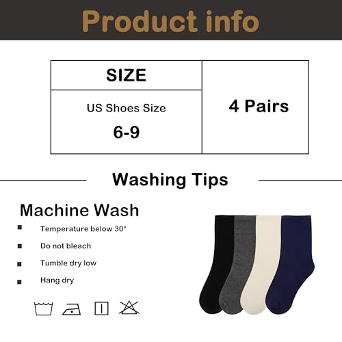 Women's Crew Socks with Seamless Toe, Cotton Ankle Womens Socks for Running, Hiking, Casual&School, 4 Pairs, Size 6-94