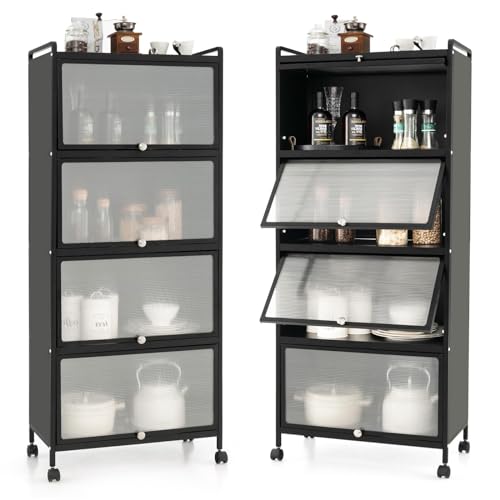 GIANTEX Armoire Cuisine 5 Niveaux avec Portes Rabattables, Meuble Cuisine Rangement à roulettes Universelles, Cadre en Métal, Étagere pour Salon, Kit...