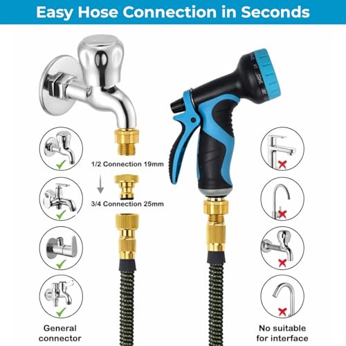 Image of Expandable Telescopic Garden Hose 75FT with 10 Spray Patterns Nozzle |Flexible Water Hose Pipe with 3 /4 Inch & 1 /2 Inch Fittings, Brass Connectors, Leak Proof & Kink Free for Car Washing |Black&Blue
