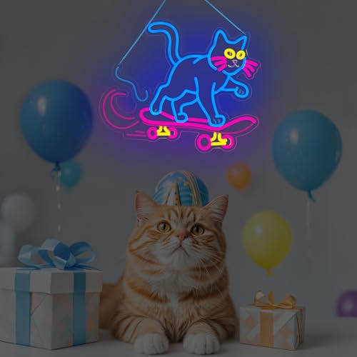 Image of Cute Cat Neon Sign, Skateboard Neon Signs for Wall Decor Dimmable USB Room Decor for Teen Girl, Party, Bedroom, Pub, Furniture, Gifts for Birthday, Christmas (Cool Cat-Blue)