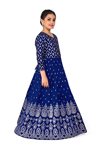 Image of Fashion Dream Girl's Dark Blue Taffeta Maxi Length Foil Printed Dress|Maxi Dress|Printed Dress(FDGDRS00038 DBL 40 Dark Blue 13 Years-14 Years)