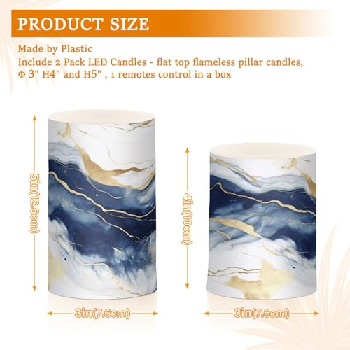 Image of Flickering Flameless Candles, Drak Blue Golden Marble LED Candles with Remote Timer, Set of 2 Battery Operated Candle for Valentine Wedding Birthday