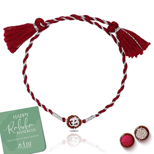 ZULRI 92.5 Pure Silver Panchmukhi Rudraksha with OM Thread Rakhi For Rakshabandhan Rakhi With Fragrance Greeting Card & Roli Chawal and Silver Certificate of Authenticity (Red/Silver)
