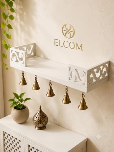 Elcom Wooden Pooja Shelf with 5 Brass Bells for Wall Mounted Temp...