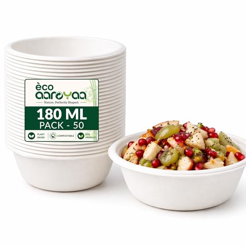 Image of Eco Aaroyaa Disposable Bagasse Bowls - 180 ML - Pack of 50 Biodegradable DIsposable Bowls - Eco-Friendly Dip, Sauce & Chutney Disposable Cups - Leak-Resistant Small Serving Bowls (Pack of 50)