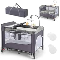 Maxmass 6-in-1 Baby Travel Cot, Infant Bedside Sleeper with Detachable Changing Table, Music Box and Hanging Toys, Adjustable Nursery Center for Newborn Toddlers (Classic)