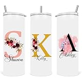 EKAM Personalised Floral Tumbler Stylish Initial with Name - Travel Coffee Mug, 20oz Stainless Steel Tumbler Cup with Straw and Lid, Custom Cup Gift for Christmas Day, Birthday, Any Occasion