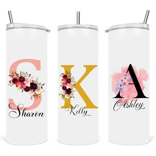EKAM Personalised Floral Tumbler Stylish Initial with Name - Travel Coffee Mug, 20oz Stainless Steel Tumbler Cup with Straw and Lid, Custom Cup Gift for Christmas Day, Birthday, Any Occasion