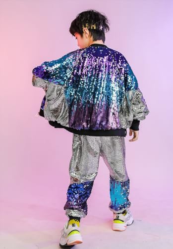 Boys' Girls' Sequin Bomber Jackets & Pants，Long Sleeve Zip up Jacket and Pants，Sparkle Sequin Outfit for Kids3