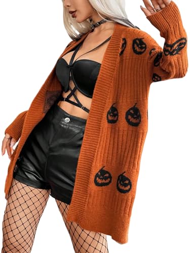 Verdusa Women's Pumpkin Graphic Cardigans Open Front Long Sleeve Drop Shoulder Loose Sweater