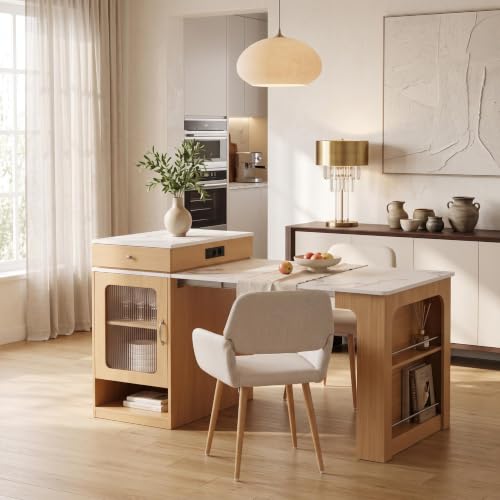Mesa extensible de MDF natural con almacenamiento lateral y 2 sillas beige 3