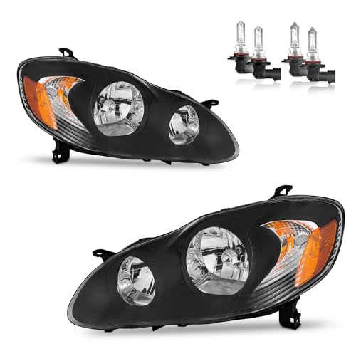 KarSpareHub Headlights Assembly for 2003-2008 Toyota Corolla Headlamp Replacement Clear Lens Black Housing Amber Reflector Driver & Passenger Side