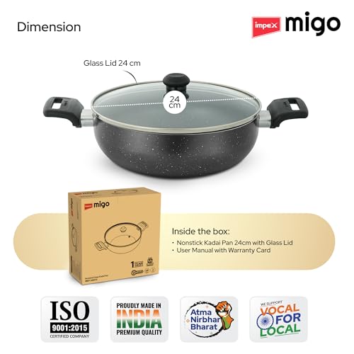 Image of Impex Nonstick Deep Kadai Pan with Glass Lid | Non Stick Aluminium Kadhai | 3 Litre Capacity | Induction and Gas Stove Compatible | Heatproof Handles | PFOA Free | 1 Year Warranty