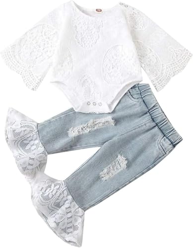 Image of BOEBNOZCV Baby Girl Outfits Set Lace Ruffle Romper Bodysuit Flare Denim Jean Pants 2Pcs Set Newborn Infant Clothing