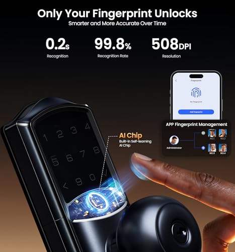 Veise VE028 WiFi Fingerprint Smart Door Lock with Knob Handle, Matte Black