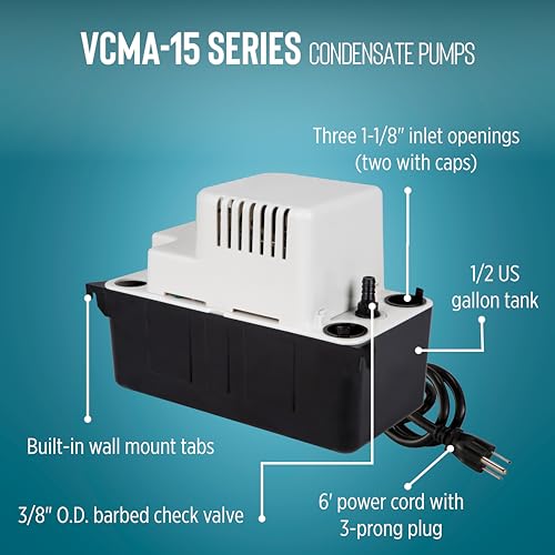 Image of Little Giant VCMA-15ULT 115 Volt, 65 GPH, 1 /50 HP Automatic Condensate Removal Pump with Tubing (no safety switch), Black /White, 554411