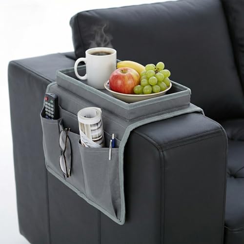 DAWRIS Organizador de reposabrazos para sofá y sillón, bolsa de almacenamiento antideslizante con 5 bolsillos, soporte de mando a distancia para teléfono móvil, libro, revistas, tableta, aperitivos y