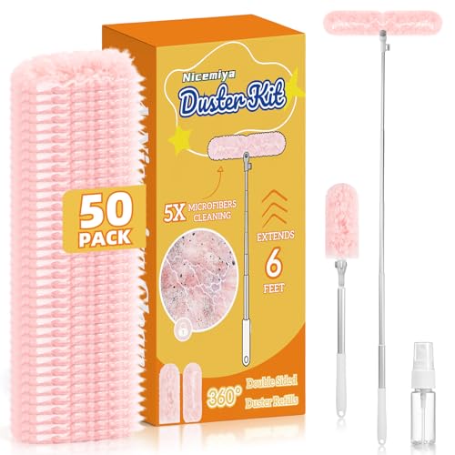 Image of 50 PCS Duster Refills with 6 FT Extendable Handle, Heavy Duty Duster Refills Kit Compatible with Swiffer, 360 Disposable Microfiber Duster Pads for Ceiling Fan, Blind & Hard to Reach Areas Cleaning
