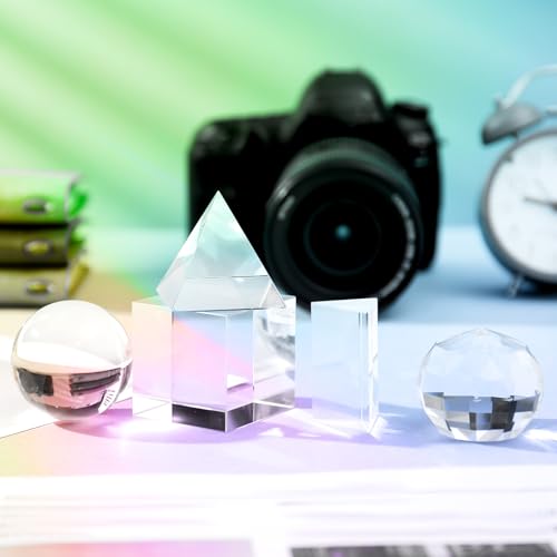 Image of Kingdder 5 Pack K9 Optical Crystal Prism Photography Set Include 50mm Rainbow Crystal Ball Cube Triangular Optical Pyramid and Ball Prism with Box for Photos Teaching Accessory